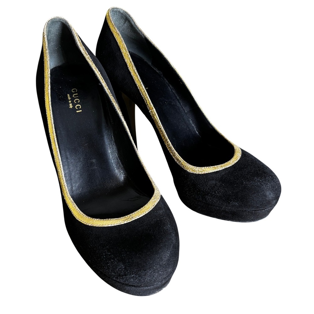 Gucci 38/7.5-8 Black Suede‎ Platform High Heel Pumps Gold Trim Italy Luxury Sexy